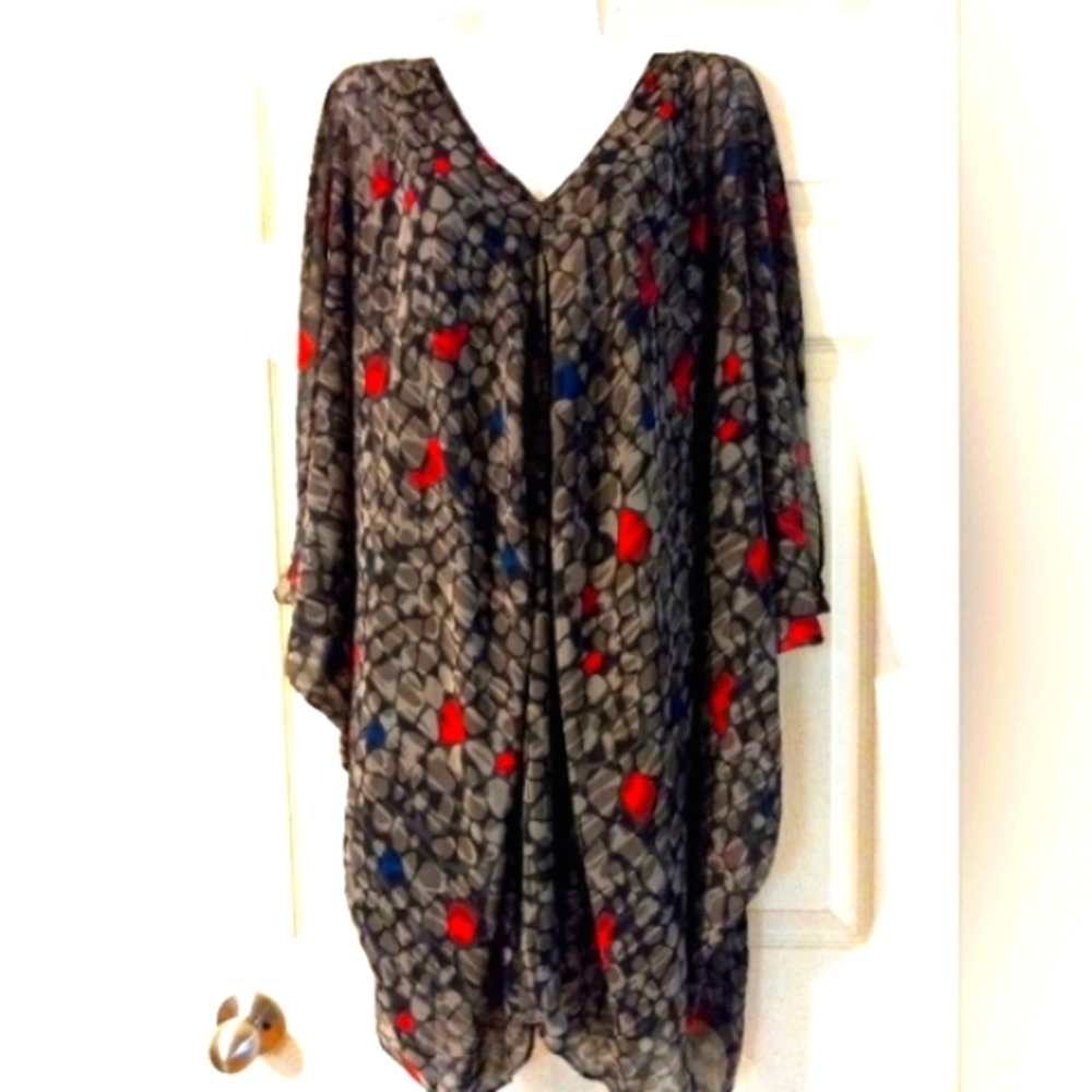 Jessica Simpson Gray and Red Patterned Mini Dress Bat Wing Sleeves 80's Vibe. XL